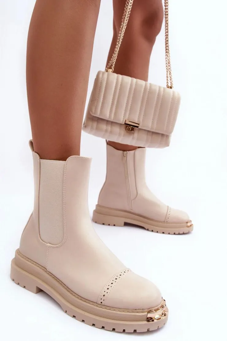 Hot Boto Damskie Skórzane Botki Sztyblety Beżowe Nialee Beżowy