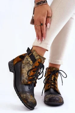 Damskie Maciejka Damskie Skórzane Botki Trzewiki 05077-07 Żółto-Czarne