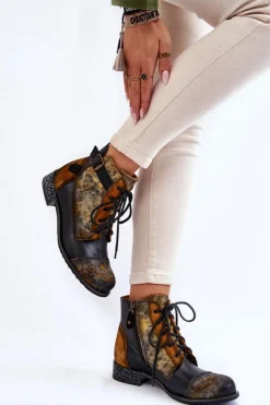 Damskie Maciejka Damskie Skórzane Botki Trzewiki 05077-07 Żółto-Czarne