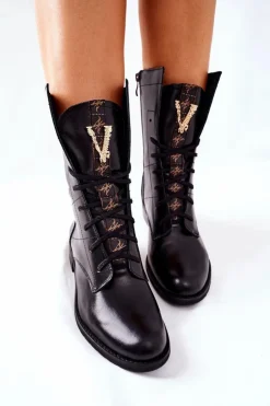 Damskie Boto Damskie Skórzane Botki Trzewiki Nicole Czarne 2581/001