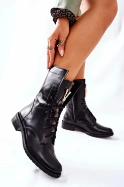 Damskie Boto Damskie Skórzane Botki Trzewiki Nicole Czarne 2581/001