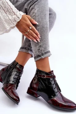 Damskie Maciejka Damskie Skórzane Botki Trzewiki 5743A-23 Bordowe