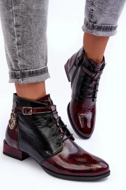 Damskie Maciejka Damskie Skórzane Botki Trzewiki 5743A-23 Bordowe