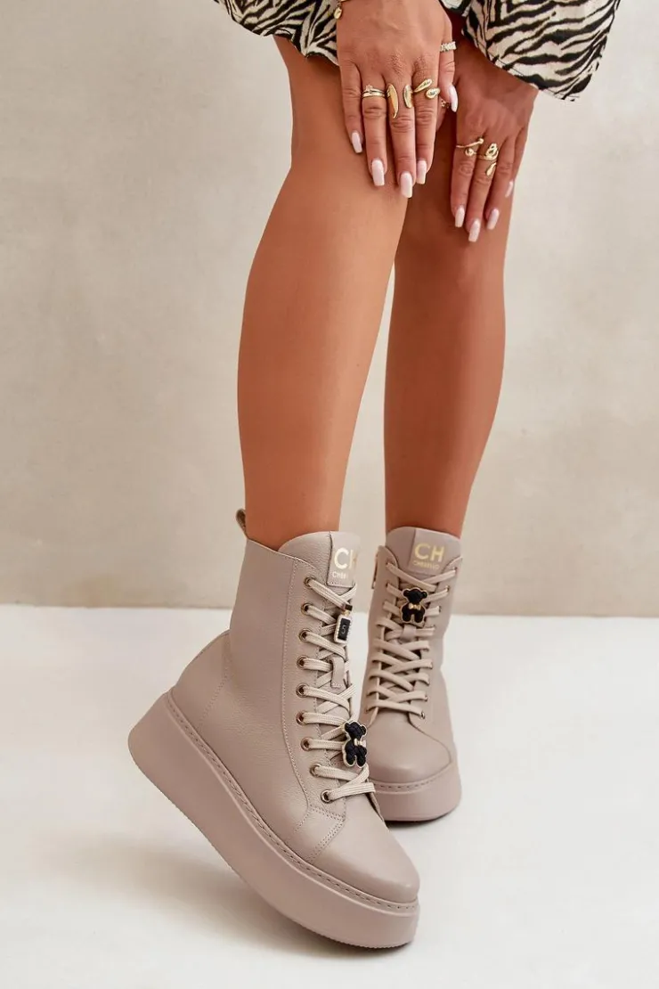 CheBello Damskie Trapery|Botki Skórzane*Damskie Skórzane Botki Workery Z Przypinkami Beżowe 4294