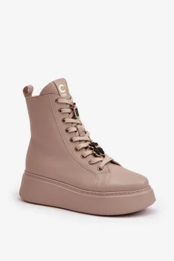 CheBello Damskie Trapery|Botki Skórzane*Damskie Skórzane Botki Workery Z Przypinkami Beżowe 4294