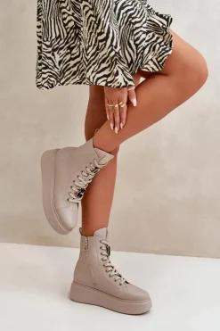 CheBello Damskie Trapery|Botki Skórzane*Damskie Skórzane Botki Workery Z Przypinkami Beżowe 4294