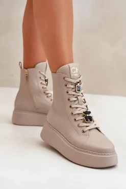 CheBello Damskie Trapery|Botki Skórzane*Damskie Skórzane Botki Workery Z Przypinkami Beżowe 4294