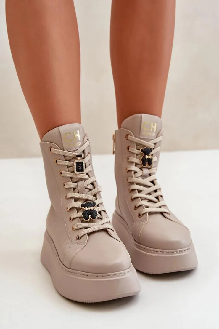CheBello Damskie Trapery|Botki Skórzane*Damskie Skórzane Botki Workery Z Przypinkami Beżowe 4294