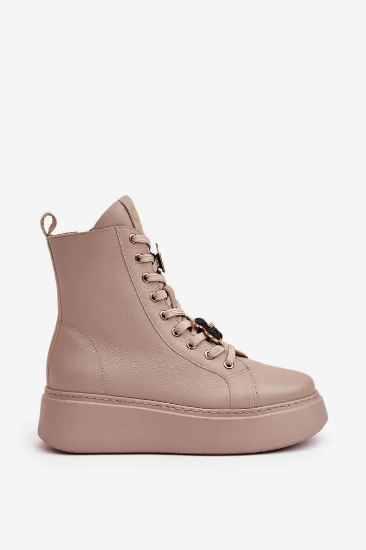 CheBello Damskie Trapery|Botki Skórzane*Damskie Skórzane Botki Workery Z Przypinkami Beżowe 4294