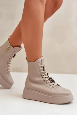 CheBello Damskie Trapery|Botki Skórzane*Damskie Skórzane Botki Workery Z Przypinkami Beżowe 4294