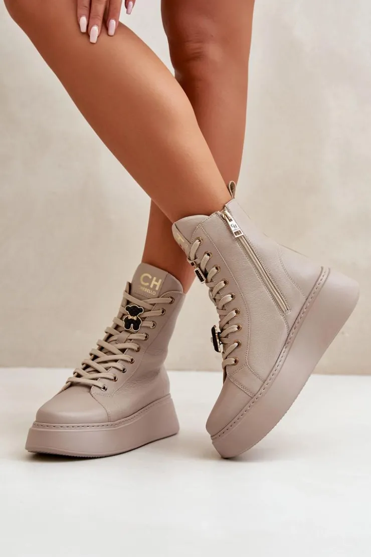 CheBello Damskie Trapery|Botki Skórzane*Damskie Skórzane Botki Workery Z Przypinkami Beżowe 4294