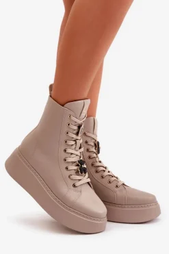 CheBello Damskie Trapery|Botki Skórzane*Damskie Skórzane Botki Workery Z Przypinkami Beżowe 4294