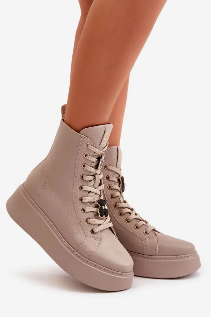 CheBello Damskie Trapery|Botki Skórzane*Damskie Skórzane Botki Workery Z Przypinkami Beżowe 4294
