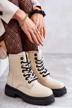 Damskie Evento Damskie Skórzane Botki Workery Jasnobeżowe Denila