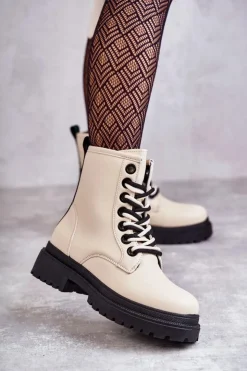 Damskie Evento Damskie Skórzane Botki Workery Jasnobeżowe Denila