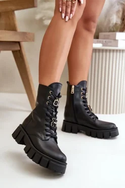 Damskie CheBello Damskie Skórzane Botki Workery Z Przypinkami 4247 Czarne