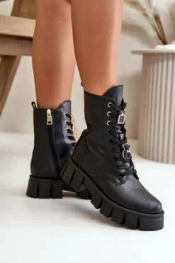 Damskie CheBello Damskie Skórzane Botki Workery Z Przypinkami 4247 Czarne