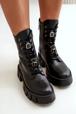 Damskie CheBello Damskie Skórzane Botki Workery Z Przypinkami 4247 Czarne