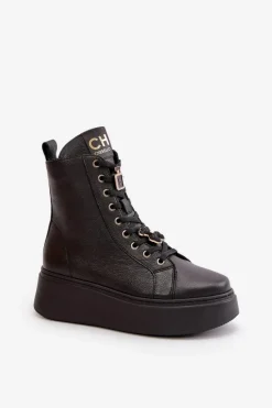 CheBello Damskie Skórzane Botki Workery Z Przypinkami Czarne 4294