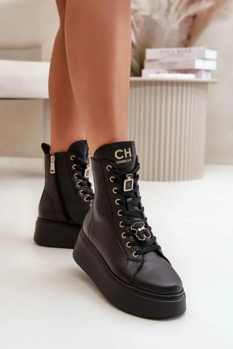 CheBello Damskie Skórzane Botki Workery Z Przypinkami Czarne 4294