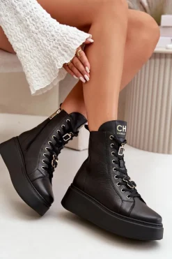 CheBello Damskie Skórzane Botki Workery Z Przypinkami Czarne 4294
