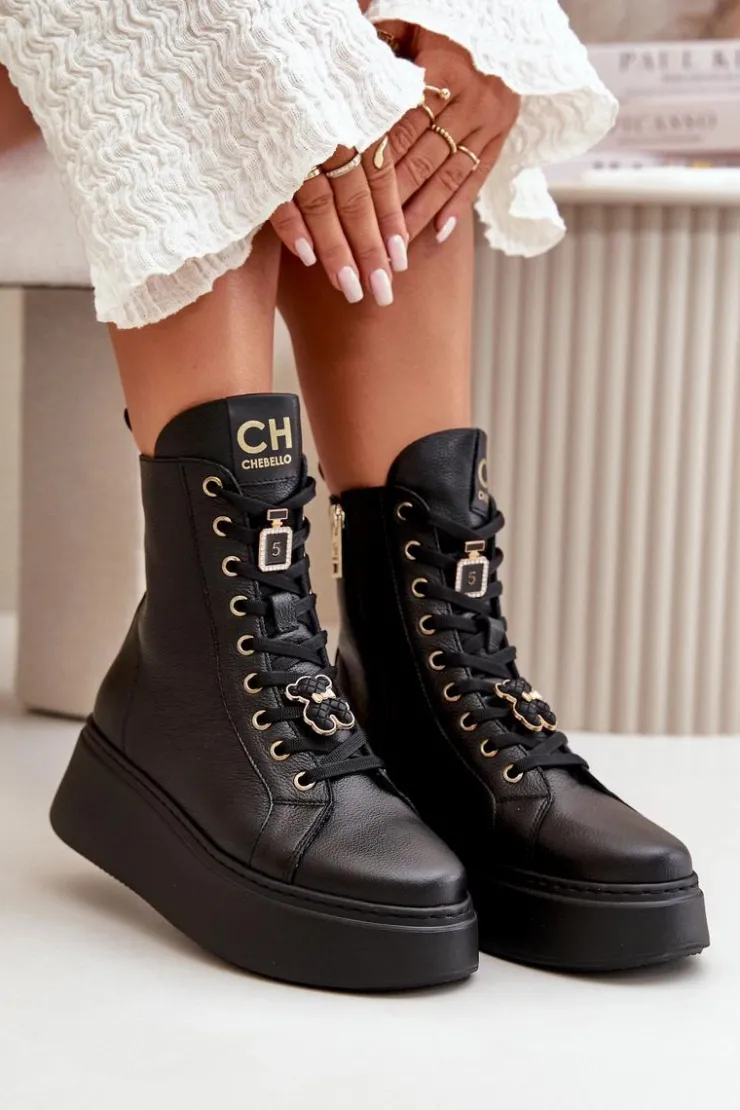 CheBello Damskie Skórzane Botki Workery Z Przypinkami Czarne 4294