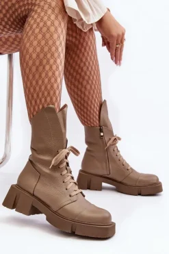 Zazoo Botki Skórzane|Botki Sznurowane*Damskie Skórzane Botki Workery Na Masywnym Płaskim Obcasie 976A Ciemnobeżowe