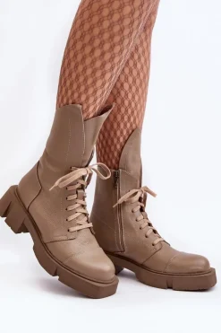 Zazoo Botki Skórzane|Botki Sznurowane*Damskie Skórzane Botki Workery Na Masywnym Płaskim Obcasie 976A Ciemnobeżowe