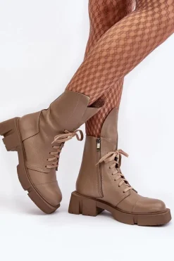 Zazoo Botki Skórzane|Botki Sznurowane*Damskie Skórzane Botki Workery Na Masywnym Płaskim Obcasie 976A Ciemnobeżowe
