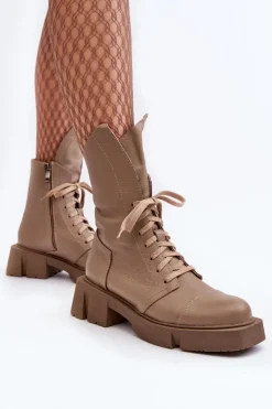 Zazoo Botki Skórzane|Botki Sznurowane*Damskie Skórzane Botki Workery Na Masywnym Płaskim Obcasie 976A Ciemnobeżowe