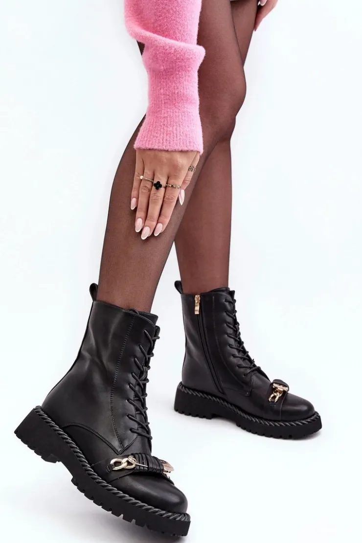 Damskie Damskie buty S.Barski Damskie Skórzane Botki Workery Z Ozdobą Czarne S.Barski MR870-68