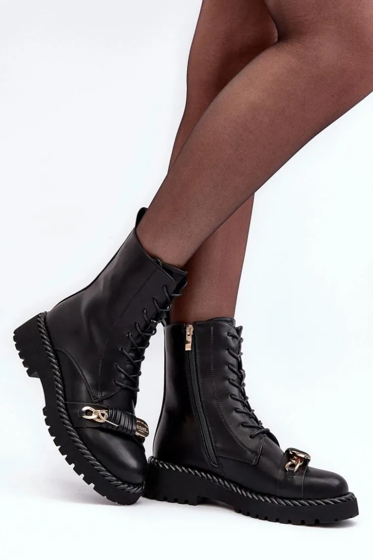 Damskie Damskie buty S.Barski Damskie Skórzane Botki Workery Z Ozdobą Czarne S.Barski MR870-68