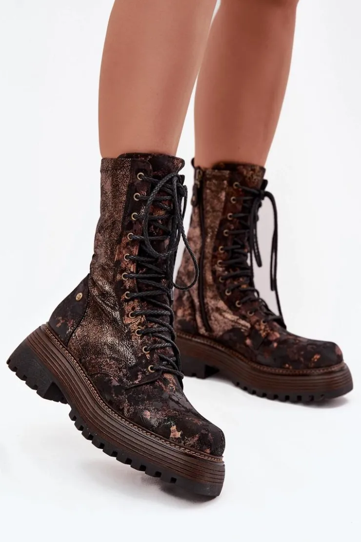 Damskie Maciejka Damskie Skórzane Botki Workery 06203-32 Brązowo-Złote