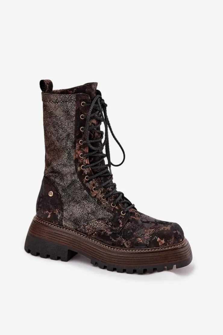 Damskie Maciejka Damskie Skórzane Botki Workery 06203-32 Brązowo-Złote