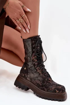 Damskie Maciejka Damskie Skórzane Botki Workery 06203-32 Brązowo-Złote