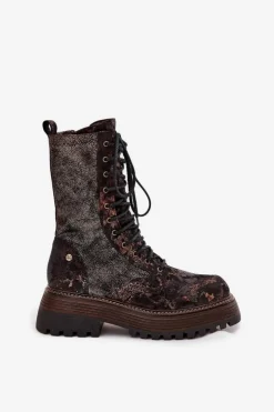 Damskie Maciejka Damskie Skórzane Botki Workery 06203-32 Brązowo-Złote