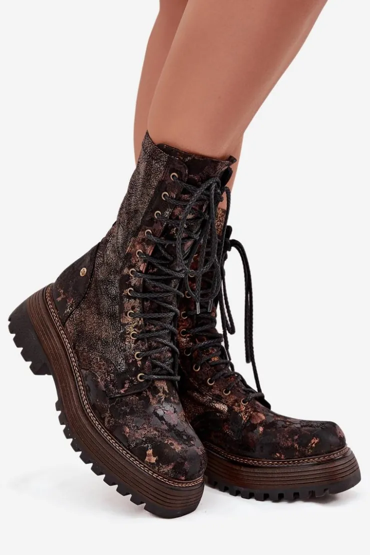 Damskie Maciejka Damskie Skórzane Botki Workery 06203-32 Brązowo-Złote