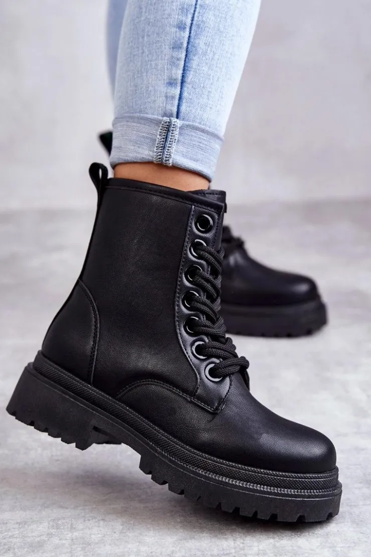 Best Evento Damskie Skórzane Botki Workery Czarne Denila