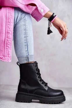 Best Evento Damskie Skórzane Botki Workery Czarne Denila