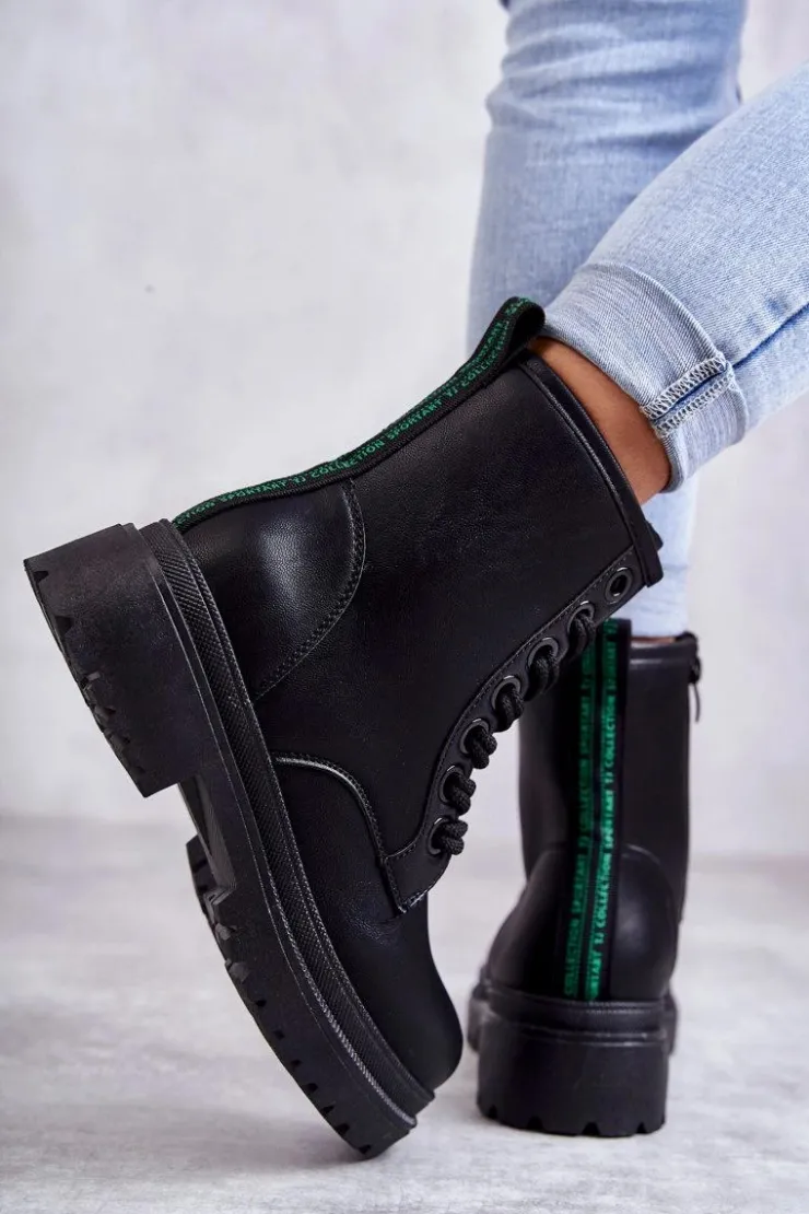 Best Evento Damskie Skórzane Botki Workery Czarne Denila