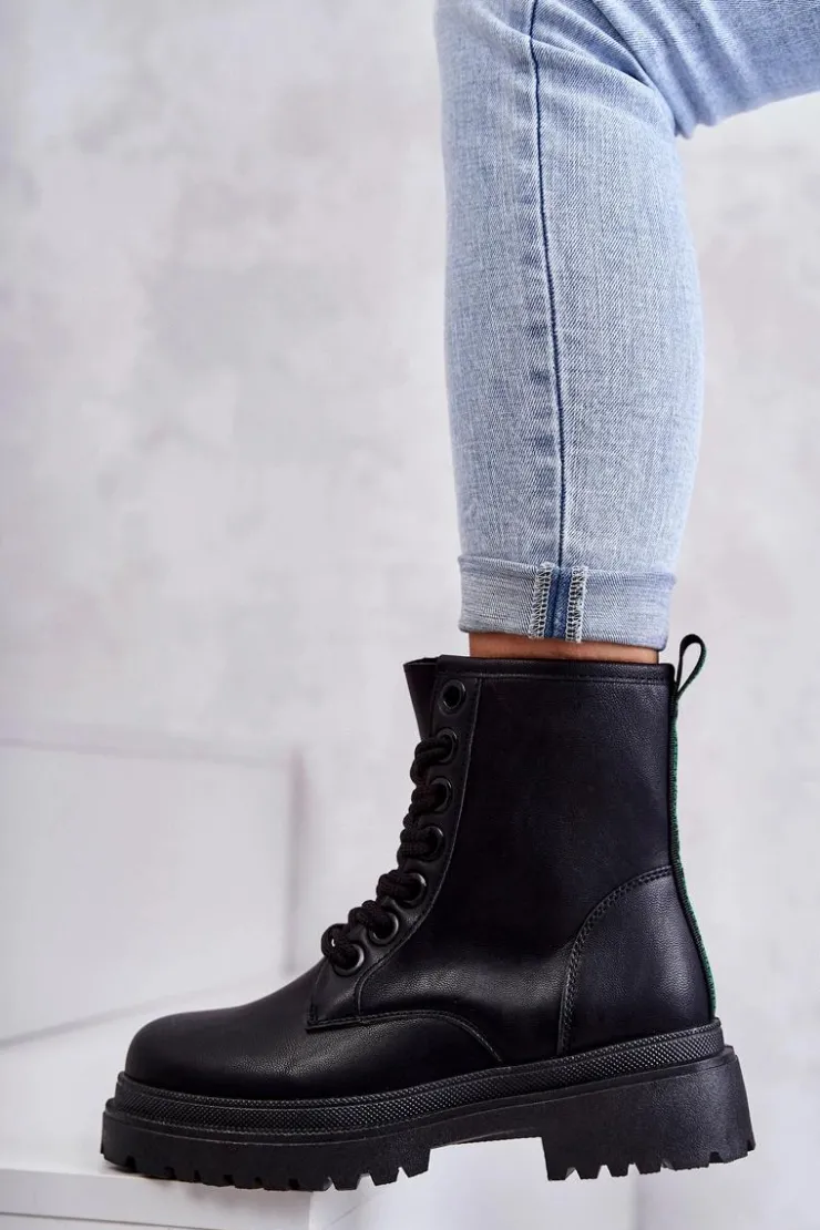 Best Evento Damskie Skórzane Botki Workery Czarne Denila