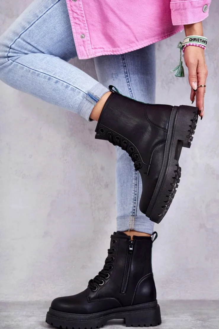 Best Evento Damskie Skórzane Botki Workery Czarne Denila