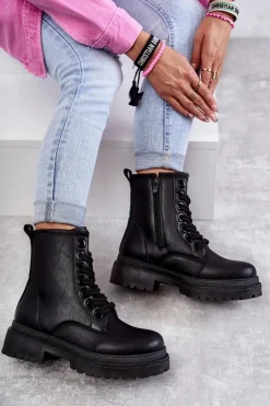 Best Evento Damskie Skórzane Botki Workery Czarne Denila