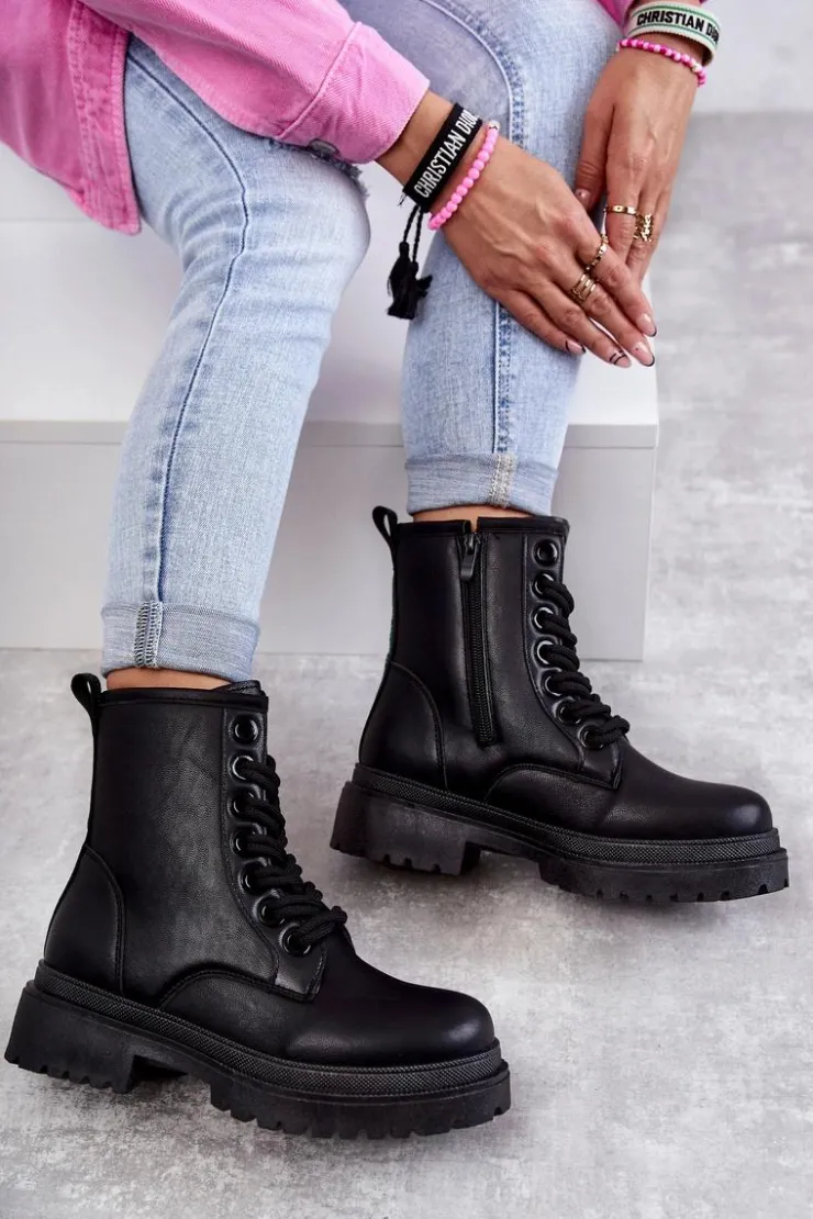 Best Evento Damskie Skórzane Botki Workery Czarne Denila