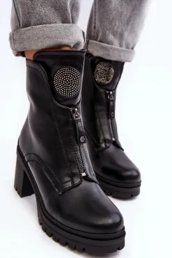 Damskie Buty damskie Vinceza Damskie Skórzane Botki Z Dżetami Czarne Rosie