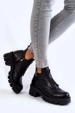 Boto Czarne Botki|Botki Zimowe Damskie*Damskie Skórzane Botki Z Ozdobą Czarne Maley