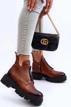 Hot Boto Damskie Skórzane Botki Z Ozdobą Brązowe Lemar Lusanna