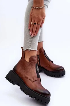 Hot Boto Damskie Skórzane Botki Z Ozdobą Brązowe Lemar Lusanna