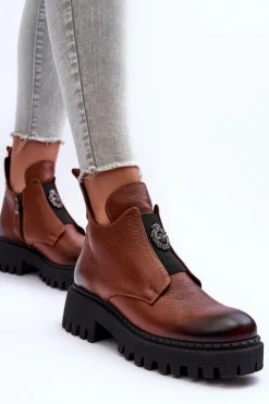 Hot Boto Damskie Skórzane Botki Z Ozdobą Brązowe Lemar Lusanna