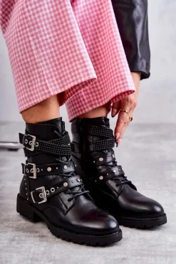 Boto Botki Sznurowane|Czarne Botki*Damskie Skórzane Botki Z Ozdobnymi Paskami Czarne Russo